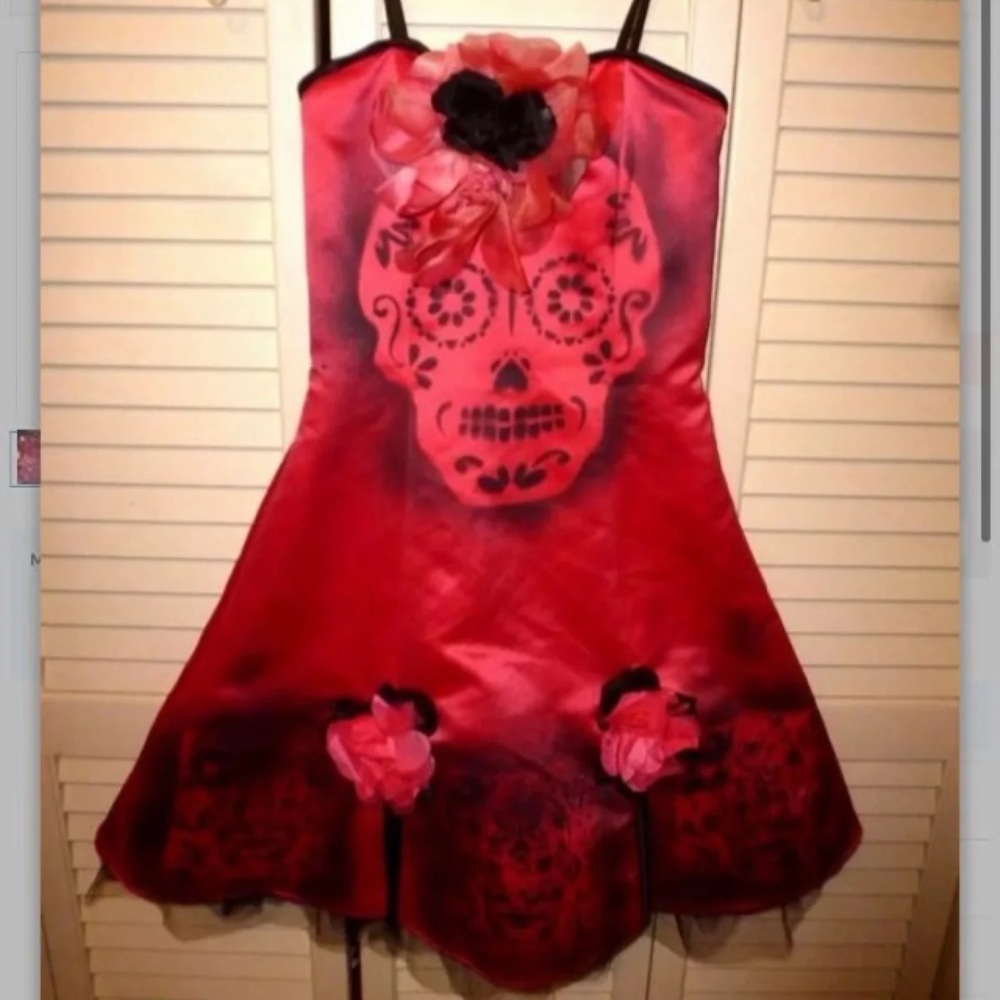 Girls pink day of dead sugar skull dress costume 8